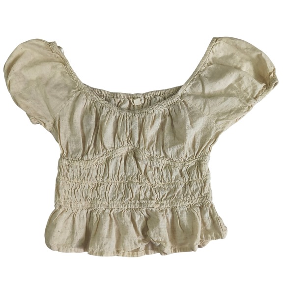 Sim & Sam Tops - Sim & Sam Cream Linen Blend Smocked Peplum cropped Blouse Small Cottagecore boho